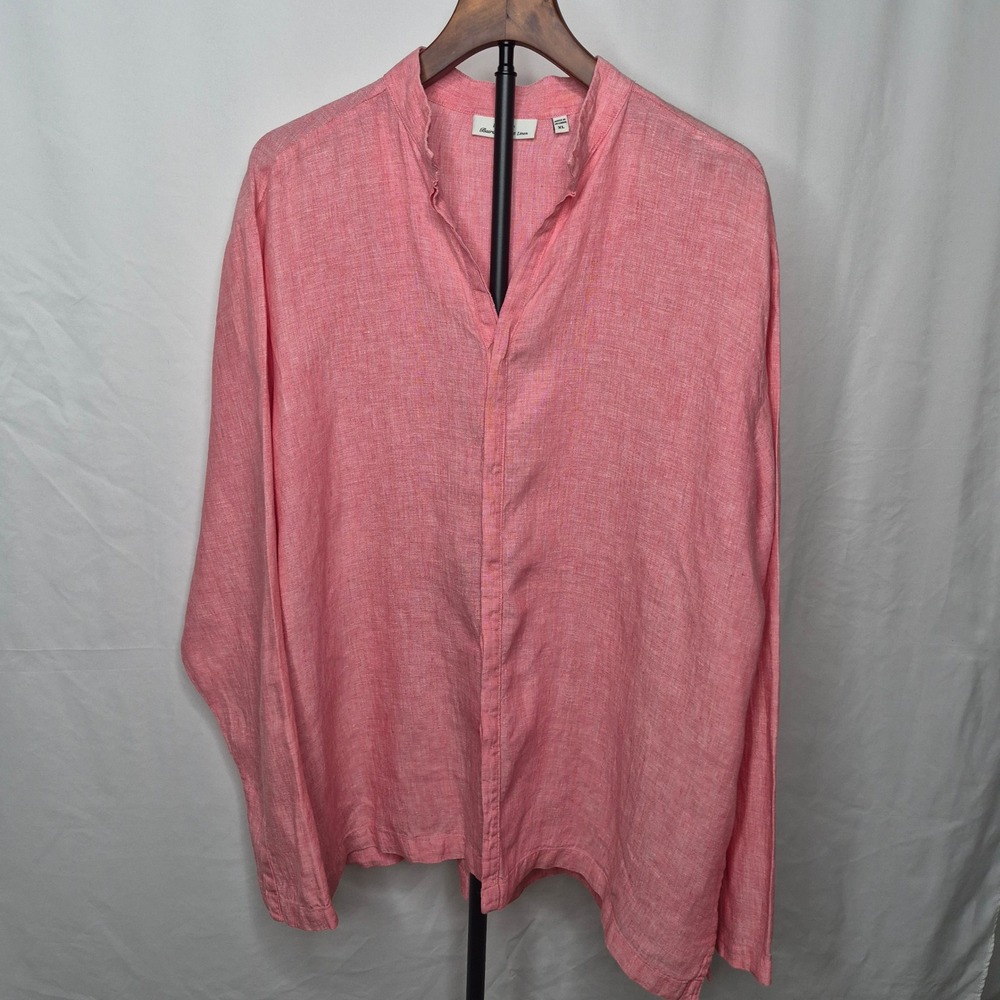 Murano Baird McNutt Linen Shirt Mens XL Pink Coral Band Collar Tunic Long Sleeve